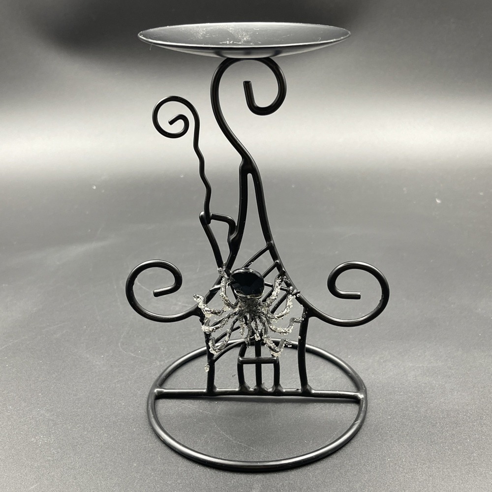 Black Metal Scroll Pedestal Candle Holder Dish Gothic Spider Decor